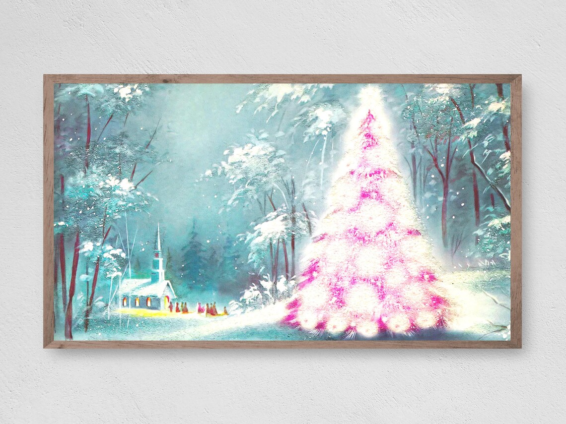 Vintage Pink Tree With Chapel Christmas Art Print