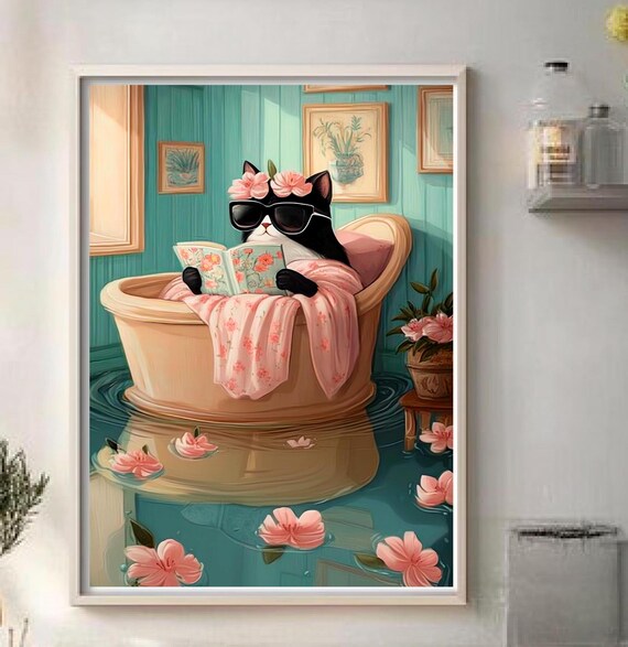 Funny Bathroom Art For Cat Lover Trendy Print With Black Colorful Wall Decor