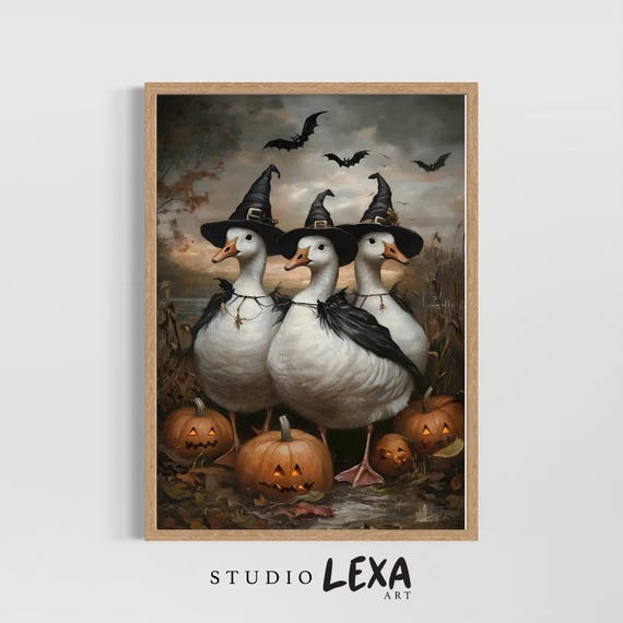 Funny Halloween Geese Printed Wall Art Black Witch Goose Spooky Farmhouse Fall Decor Cute Animal Costume Poster Rustic Autumn Print