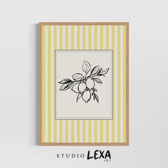 Hand Drawn Lemon Poster Yellow Stripe Trendy Kitchen Wall Art Retro Mediterannean Decor Vintage Fruit Illustration
