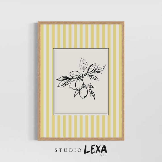 Lemon Sketch Line Drawing Striped Background Modern Art Poster