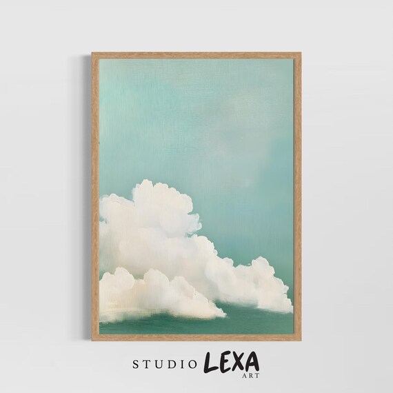 Turquoise Sky White Clouds Soft Pastel Minimalist Nature Wall Art