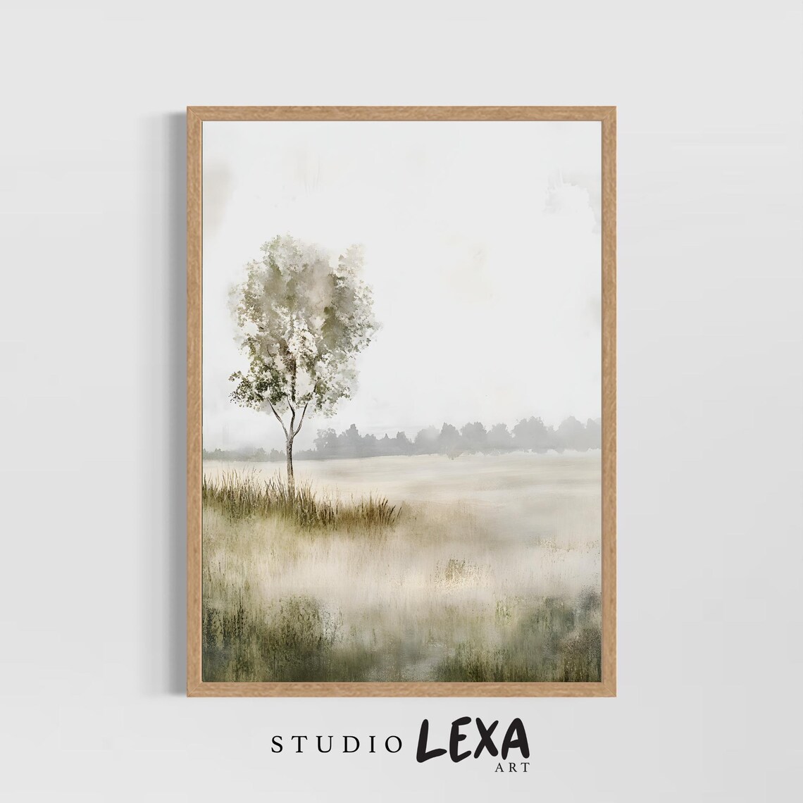 Lone Tree in Misty Field Soft Neutral Watercolor Nature Art Poster
