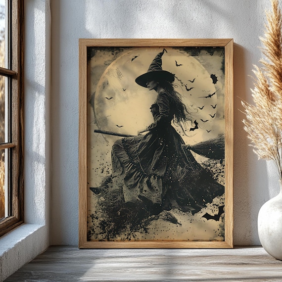 Witch Wall Art Print Gothic Halloween Decor Vintage Poster Dark Moon Artwork Grunge Spooky Flying Broom