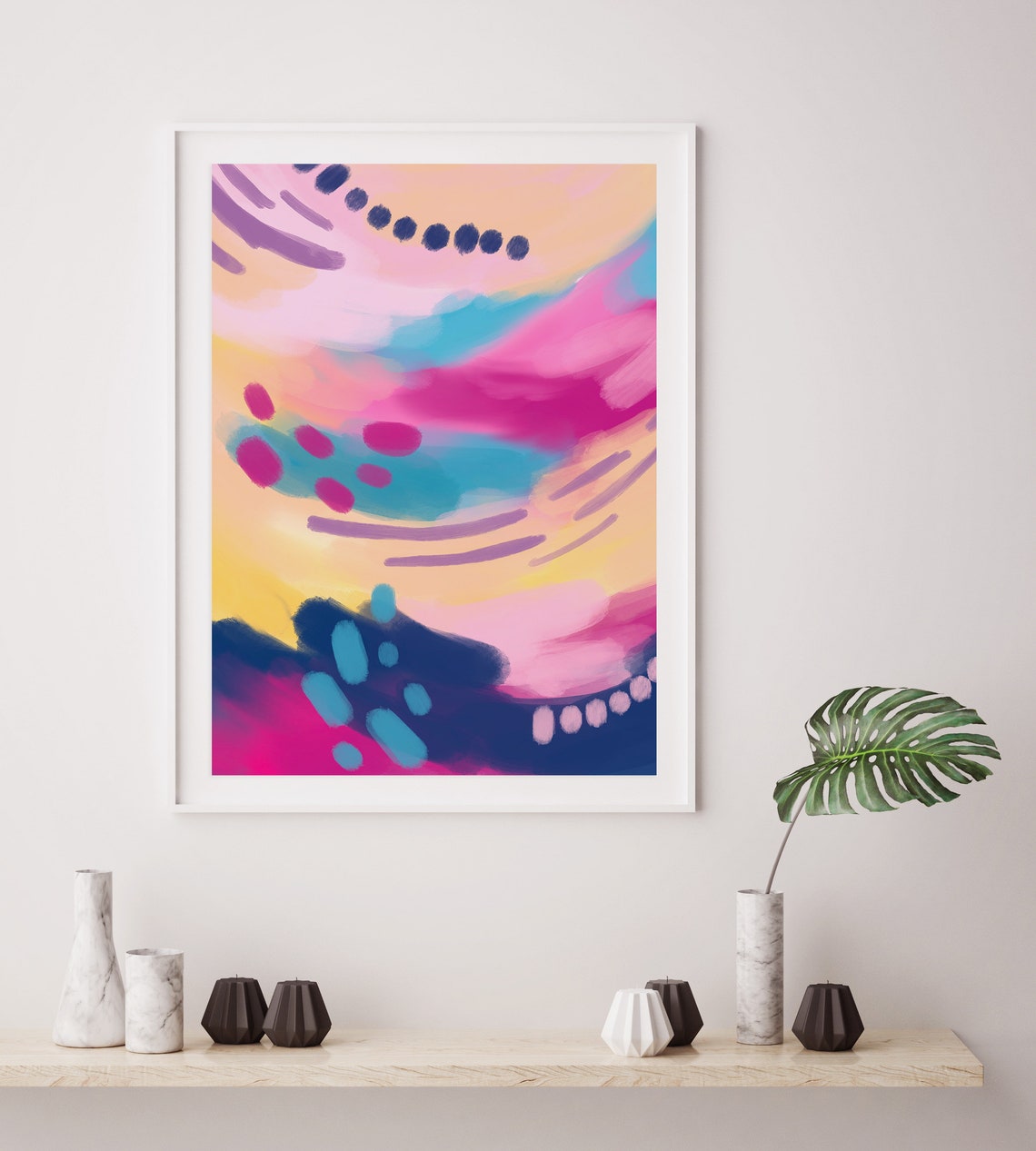 Pink Blue Yellow Waves Colour Flow Modern Abstract Art Poster - Image 3