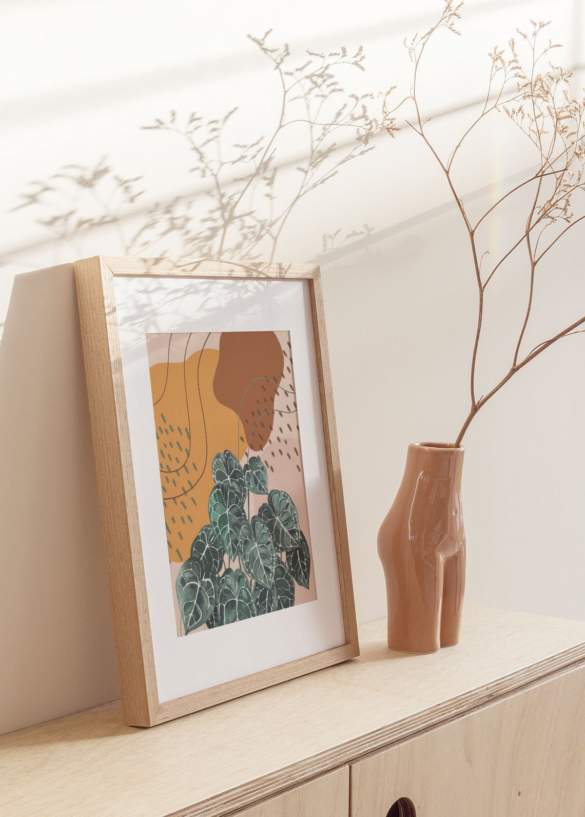 Veined Heart Shaped Leaves Ochre Abstract Botanical Style Poster - Image 3