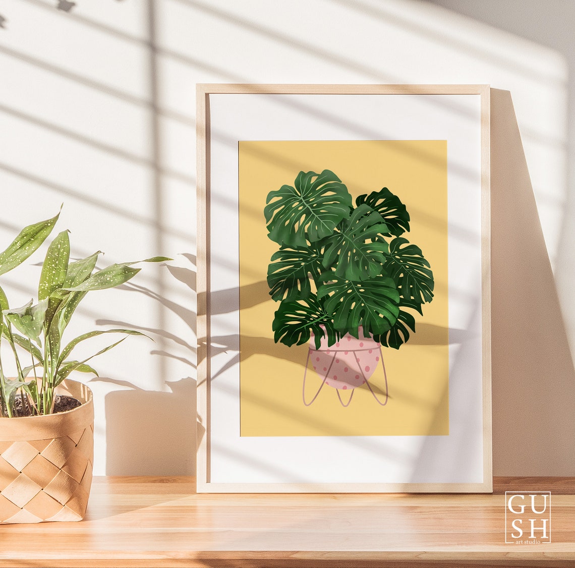 Monstera Deliciosa Poster Pink Polka Dot Pot Mustard Background - Image 3