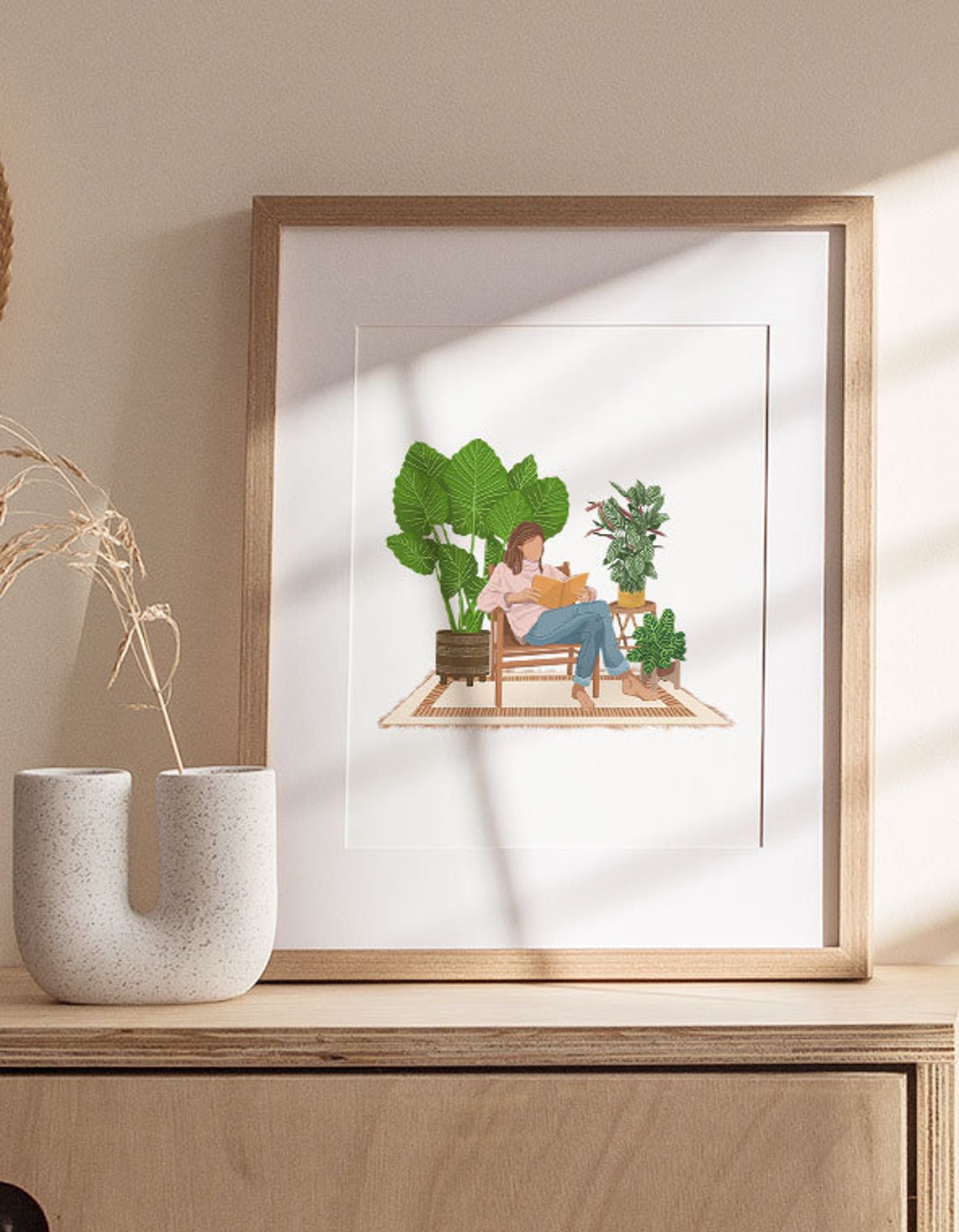 Woman Reading In Armchair Print Houseplants Bookworm Illustration - Image 3