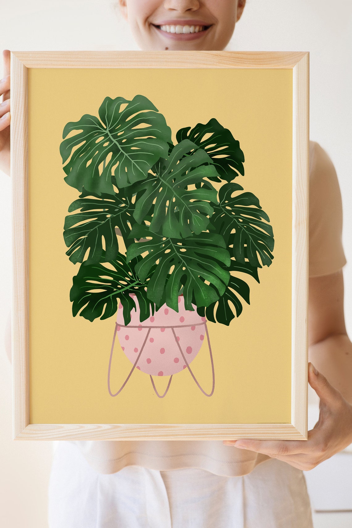 Monstera Deliciosa Poster Pink Polka Dot Pot Mustard Background - Image 2