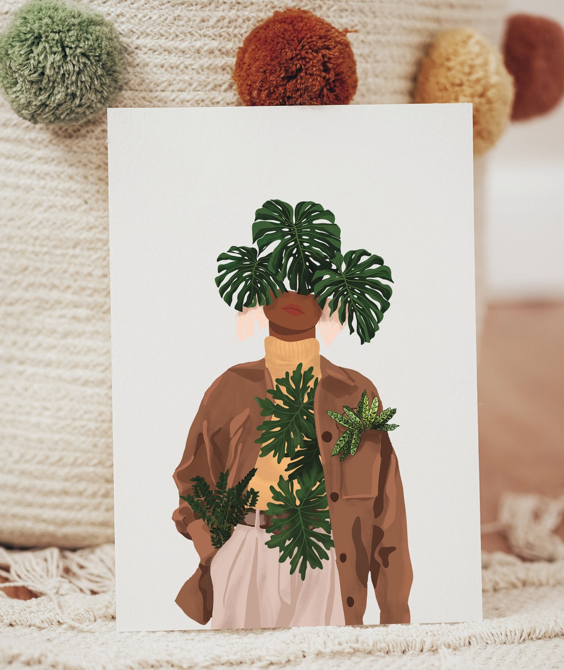 Monstera Head Fashion Woman Brown Blazer Botanical Style Poster - Image 3