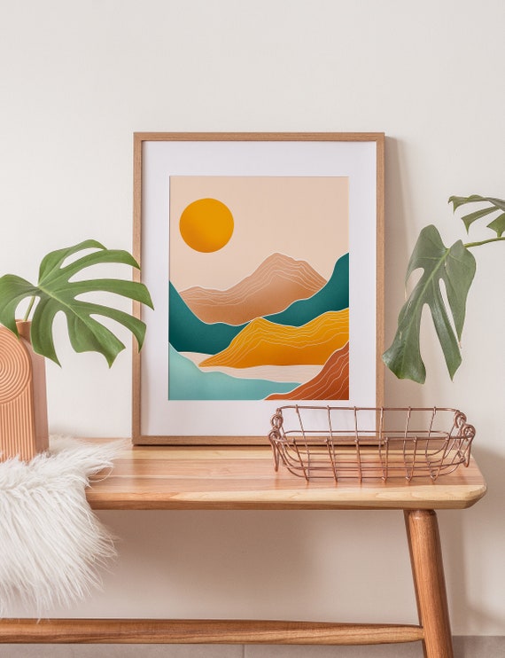 Colourful Mountain Sunrise Print Bohemian Landscape Illustration Desert Print Minimalist Print Abstract Mountain Print