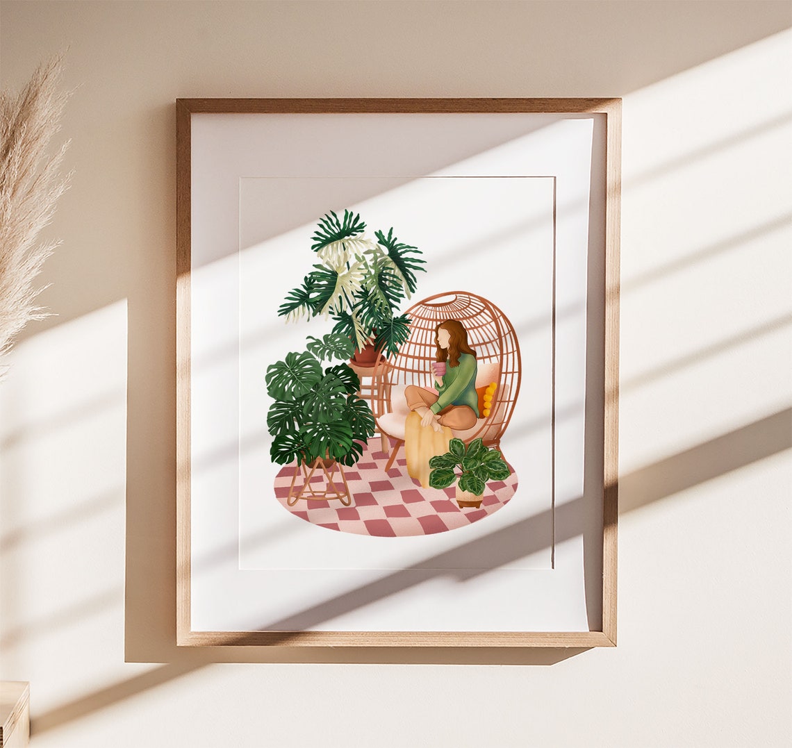 Plant Lady with a Pink Mug in a Rattan Egg Chair Monstera Nook Poster