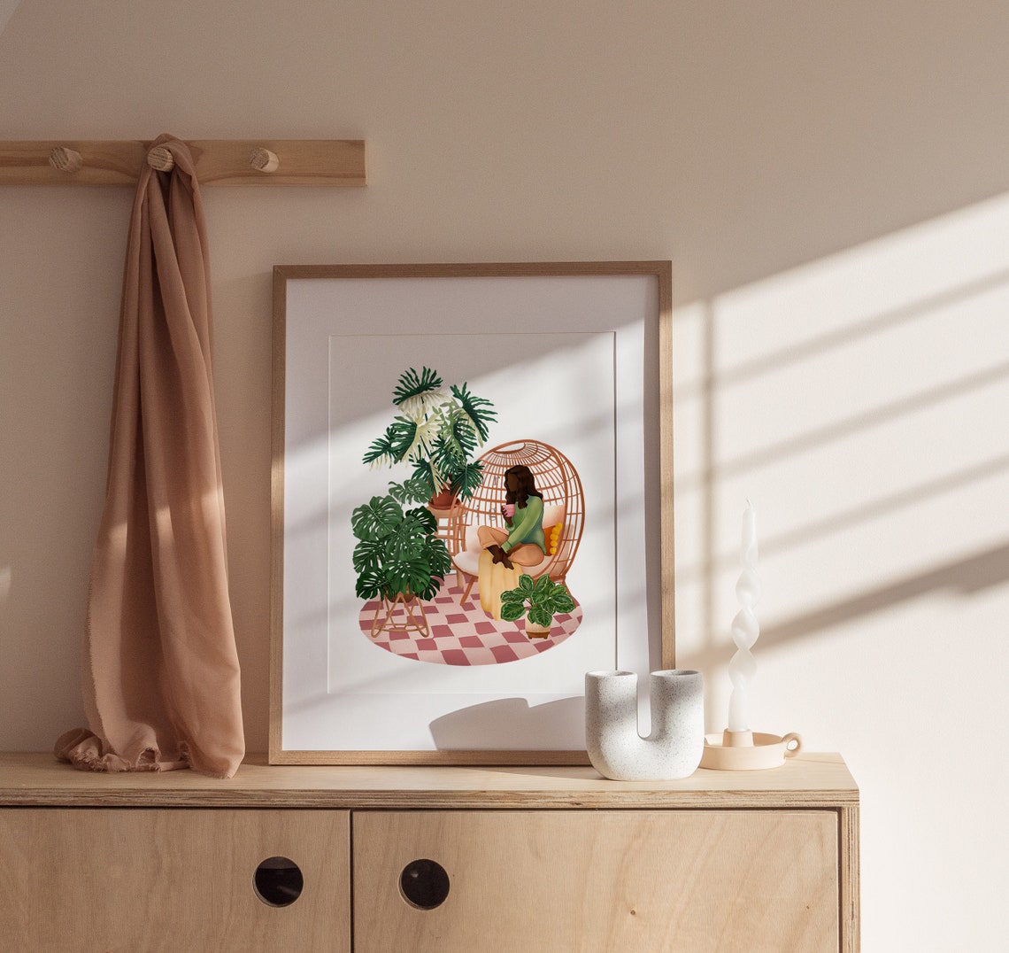 Plant Lady with a Pink Mug in an Egg Chair on a Checkered Rug Poster - Image 2