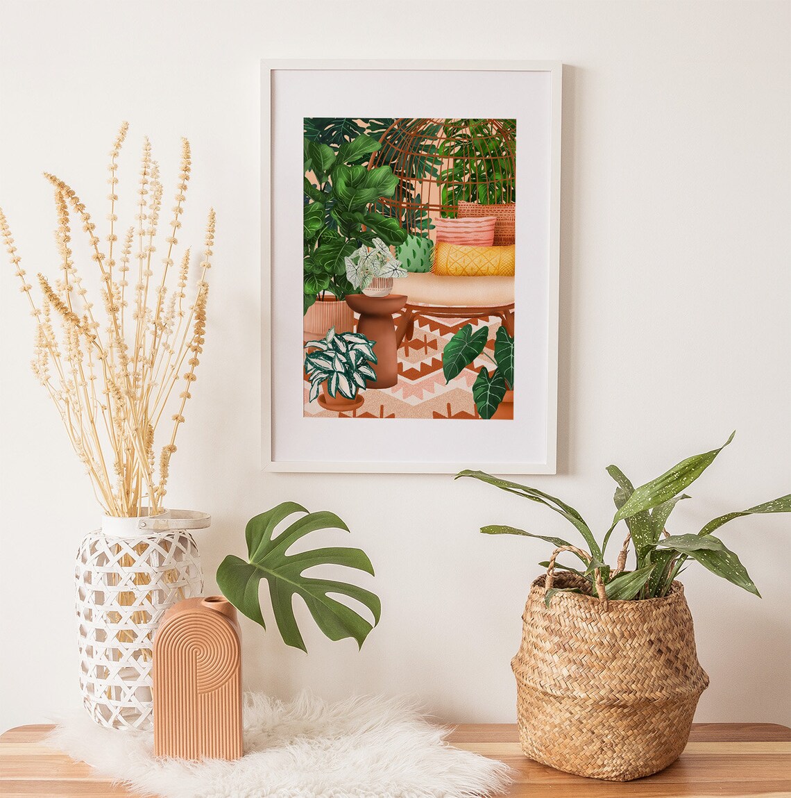 Cozy Plant Room with Rattan Peacock Chair Botanical Scene Poster - Image 2