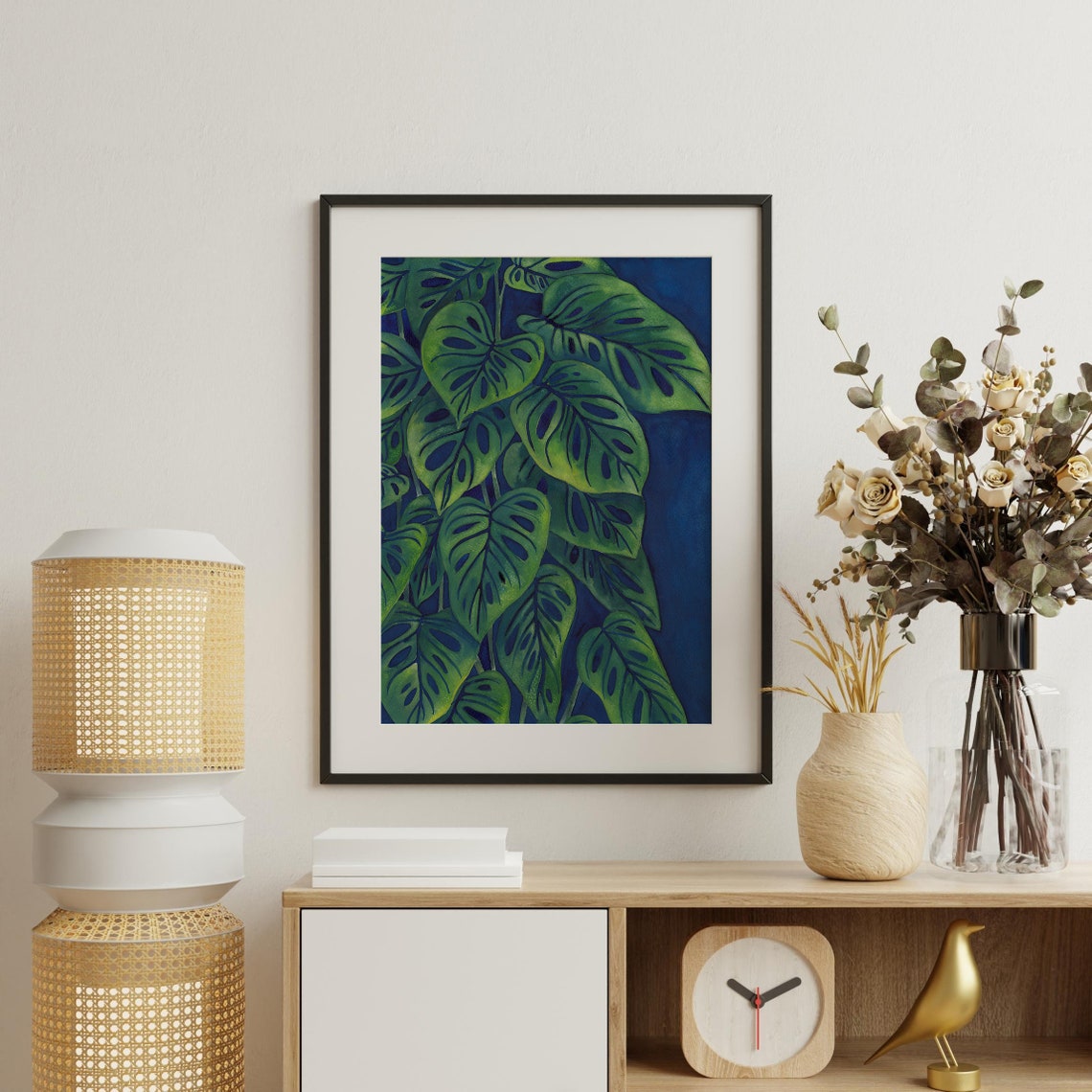 Monstera Adansonii Leaves On Deep Navy Watercolor Tropical Art Poster - Image 2