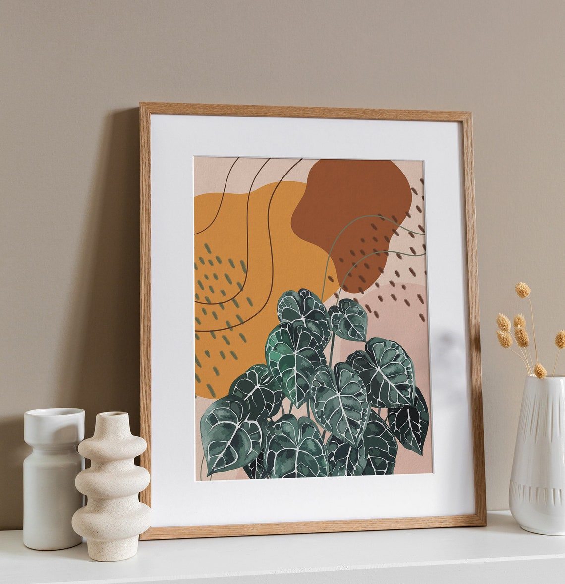 Veined Heart Shaped Leaves Ochre Abstract Botanical Style Poster