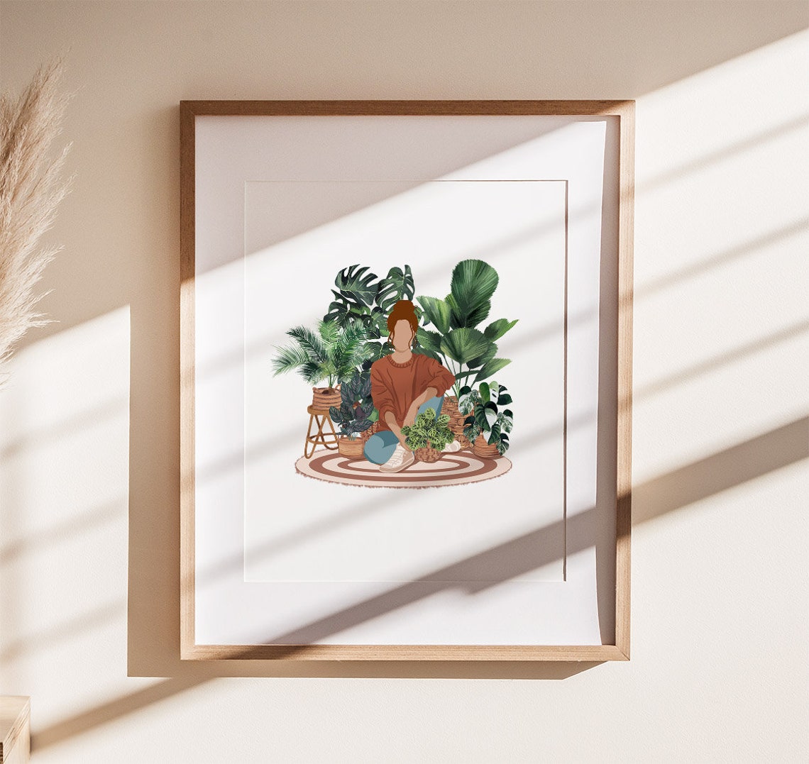 Plant Lady Relaxing Among Houseplants Print Woman On Round Rug