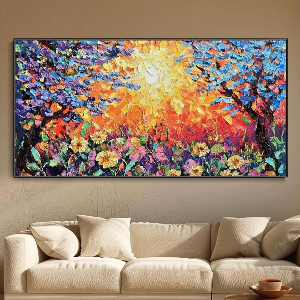 Blossom Tree Blazing Sun Colorful Garden Impasto Oil Painting Wall Art