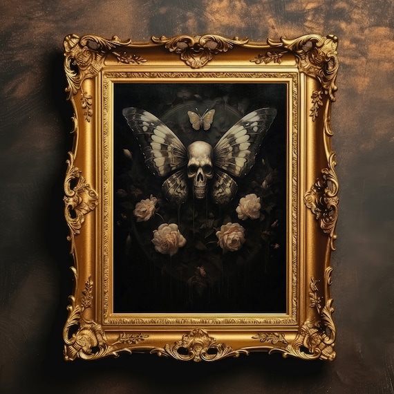 Skull Moth and Butterfly Dark Gothic Wall Art with Pale Roses