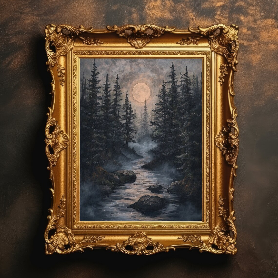 Moonlit Forest Creek At Night Misty Woodland Vintage Oil Painting Poster