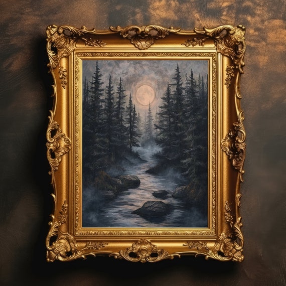 Moon Forest Creek Dark Academia Moody Wall Art Forestcore Oil Painting Gothic Room Decor