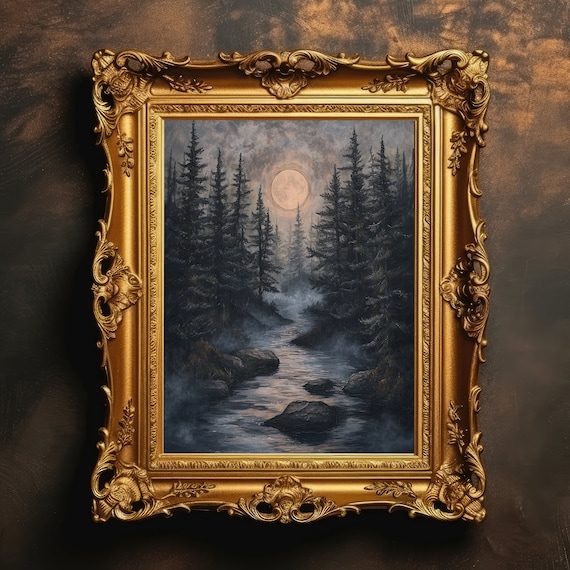 Moonlit Forest Creek At Night Misty Woodland Vintage Oil Painting Poster