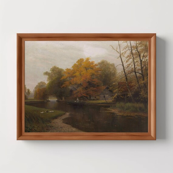 Autumn Lake with Golden Trees and a Rustic Cabin in Oil Poster