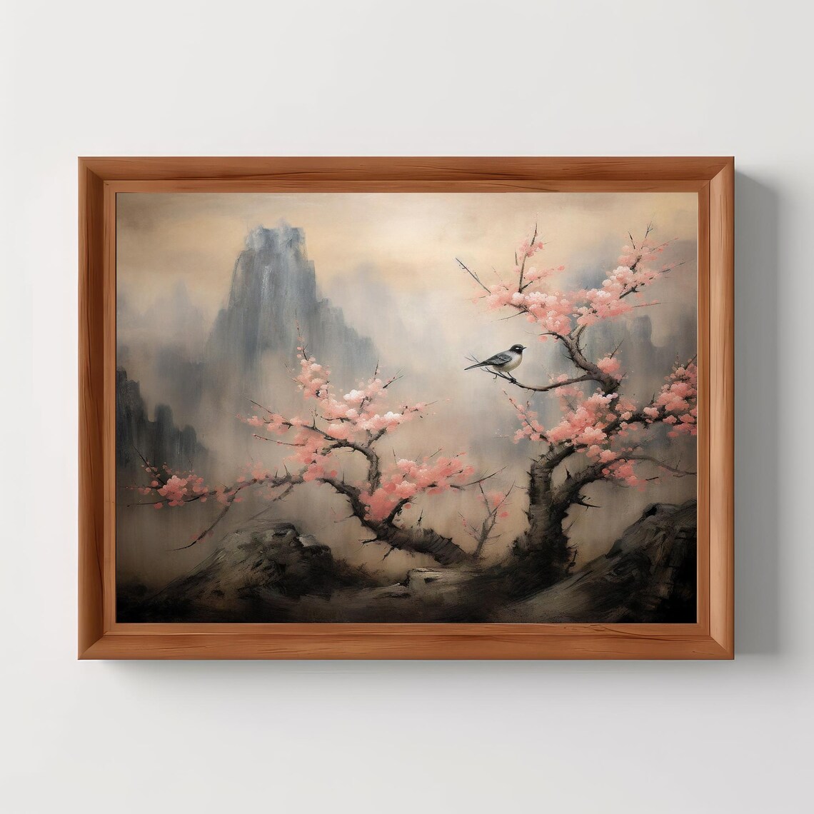 Songbird on Cherry Blossom Branch Misty Mountains Painting Poster