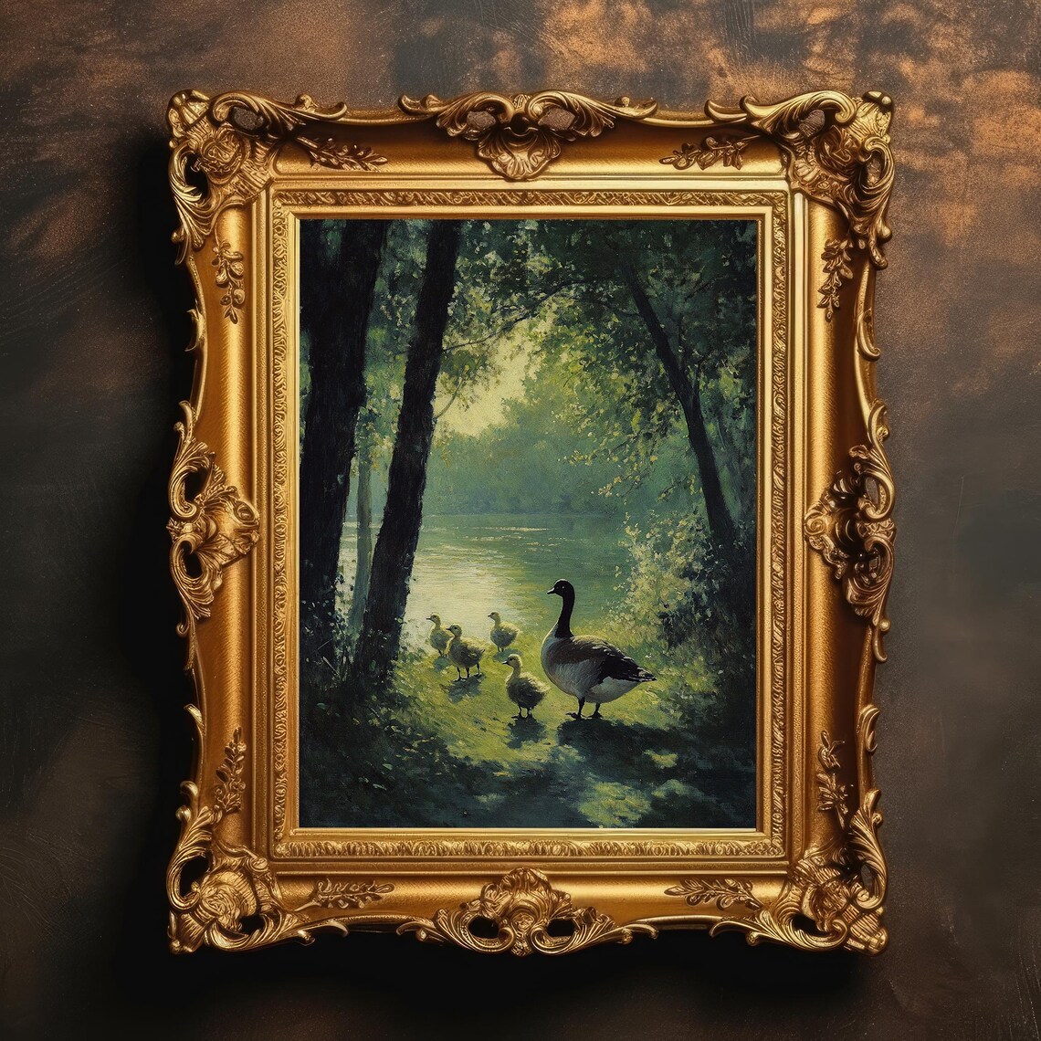 Canada Goose With Goslings Woodland Lake Vintage Painting Wall Art