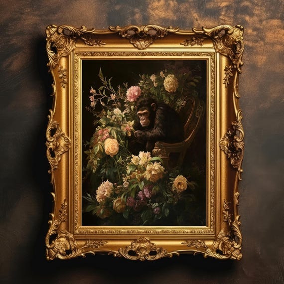 Chimp Blooms Dark Academia Floral Art Vintage Oil Painting Gothic Animal Print Moody Wall