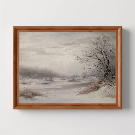 Snow Landscape Winter Wall Art Dark Academia Rustic Home Decor Vintage Antique Oil Painting