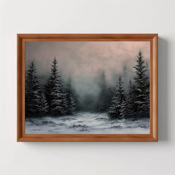 Snowy Pine Forest Winter Mist Moody Landscape Vintage Art Print
