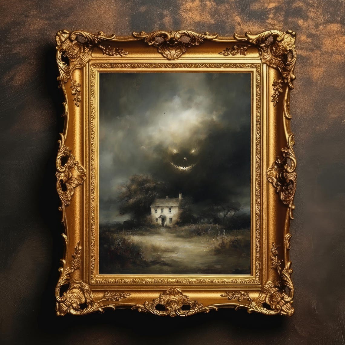 Haunted Farmhouse with Monster in Clouds Gothic Halloween Poster