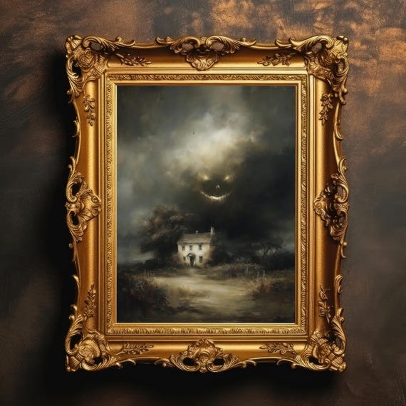 Haunted Farmhouse Gothic Halloween Dark Academia Moody Oil Painting Style Creepy Vintage Spooky Wall Art
