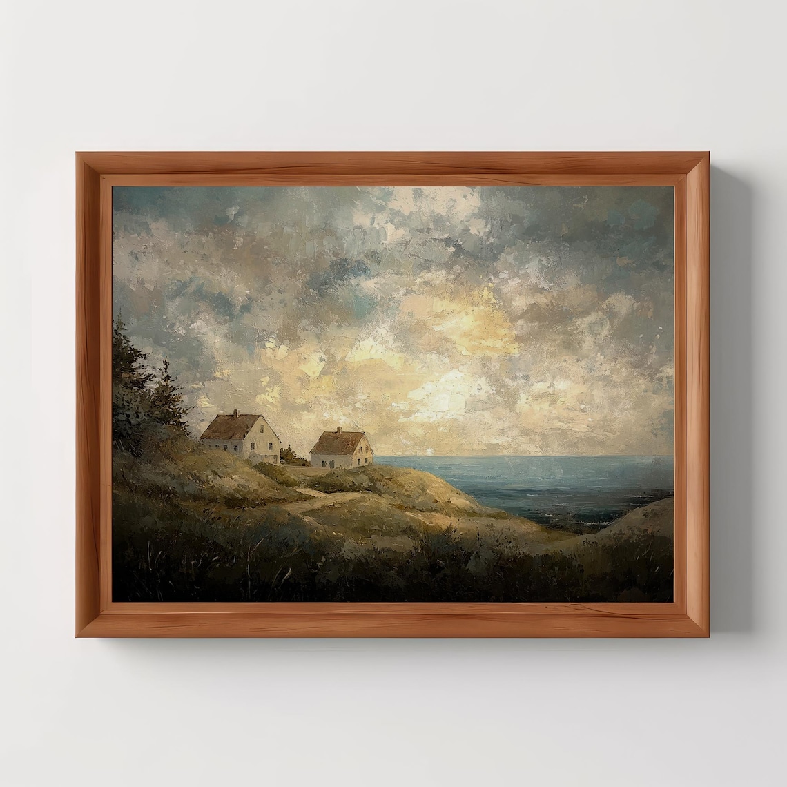 Cottages on Coastal Dunes Moody Seascape Oil Painting Poster