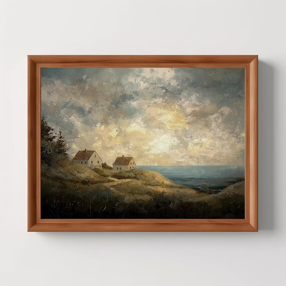 Cottages on Coastal Dunes Moody Seascape Oil Painting Poster