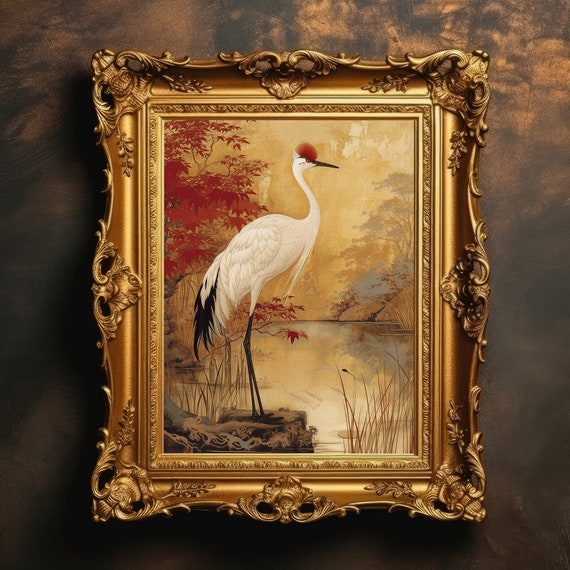 Crane Nature Landscape Moody Chinese Painting Vintage Asian Oriental Wall Art