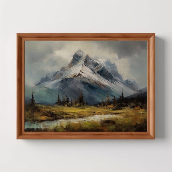 Mountain Range Winter Landscape Painting Dark Academia Oil Cabin Art Print Study Decor