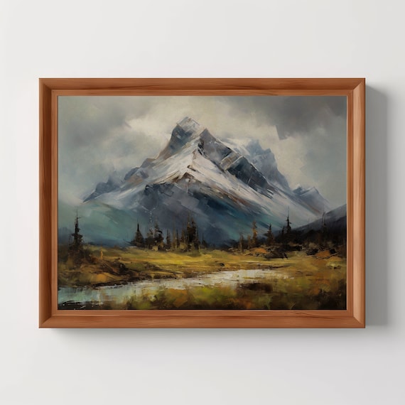 Snow Capped Mountain Peak Alpine Meadow Rustic Oil Painting Poster