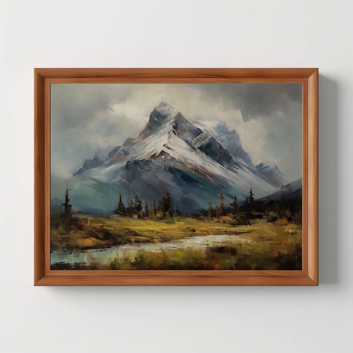 Snow Capped Mountain Peak Alpine Meadow Rustic Oil Painting Poster