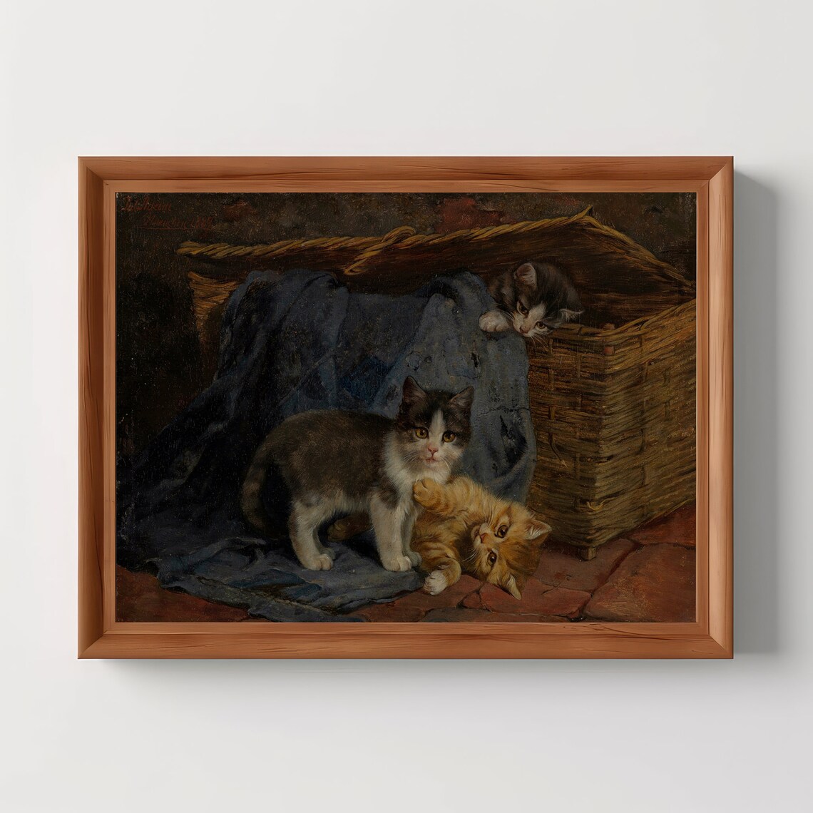 Three Playful Kittens With Basket Vintage Oil Painting Cute Cat Wall Art