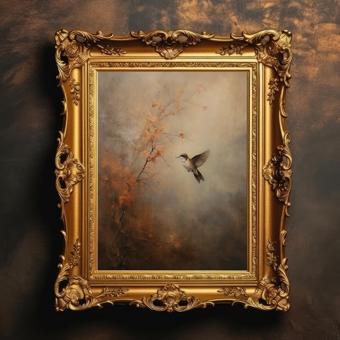 Hummingbird In Autumn, Vintage Oil-Painting Art Print