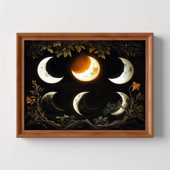 Mystical Moon Cycle Print Dark Academia Lunar Phases Ethereal Art Gothic Room Decor Moody Wall