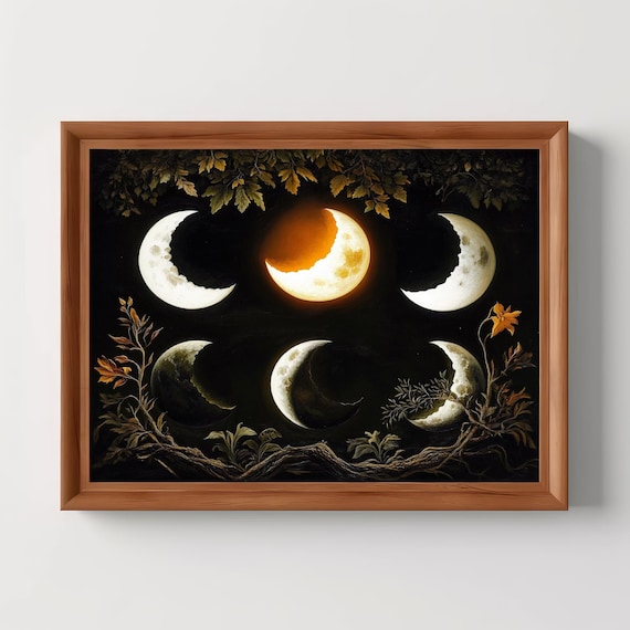 Mystical Moon Phases Eclipse Botanical Dark Gothic Celestial Art Poster