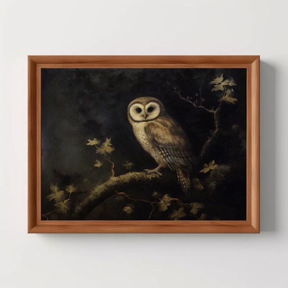 Antique Owl Painting Dark Academia Moody Wall Art Rustic Bird Print Vintage Animal