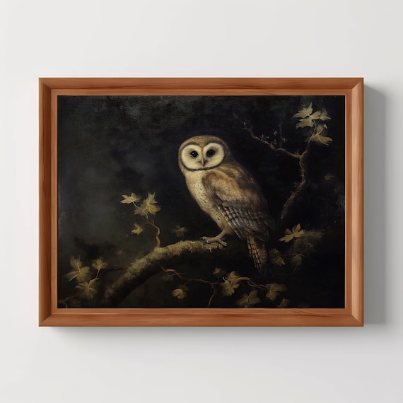 Barn Owl on Branch Dark Moody Vintage Oil Painting Art Poster