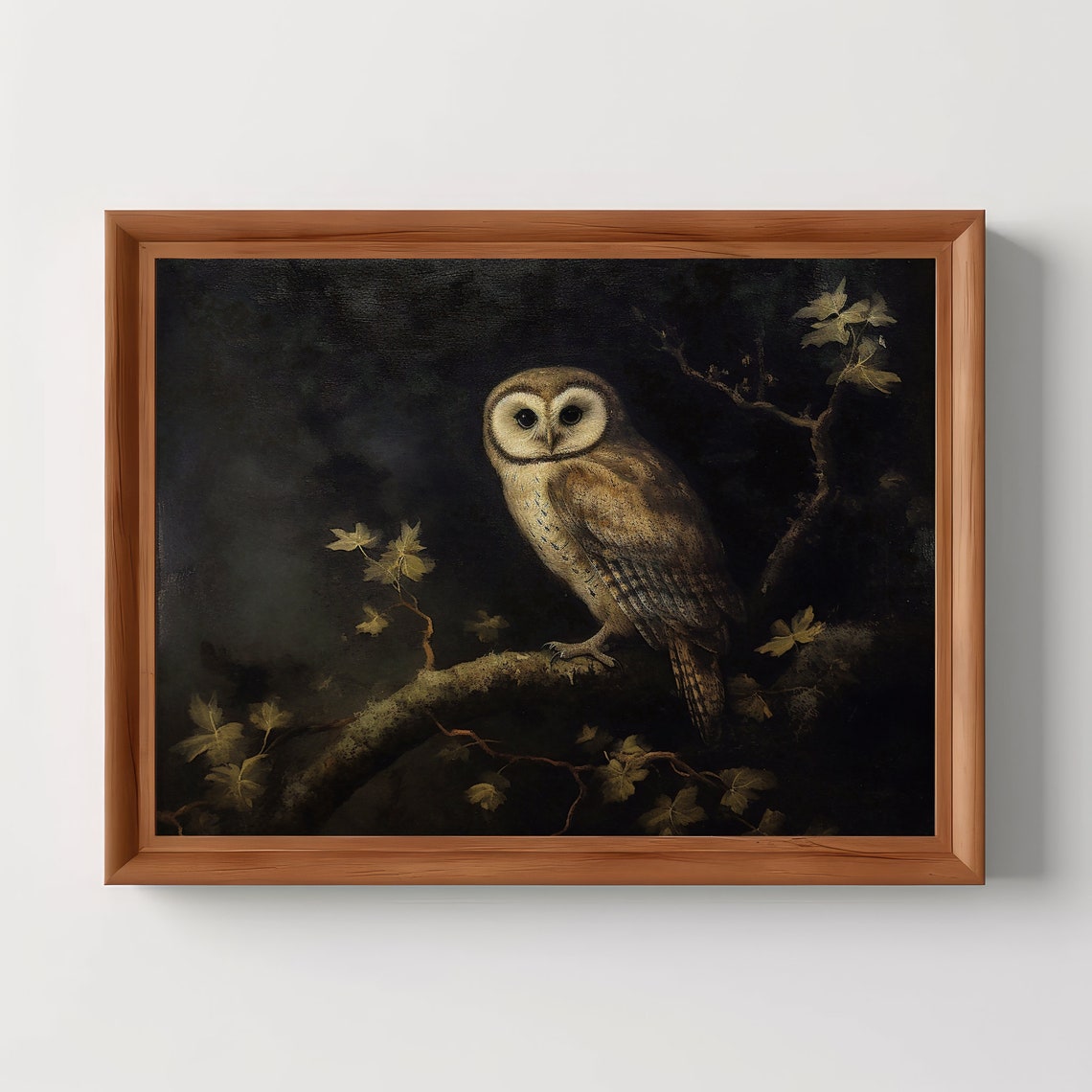 Barn Owl on Branch Dark Moody Vintage Oil Painting Art Poster
