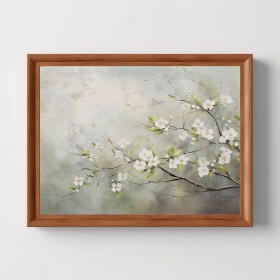 Cherry Blossom Wall Art Large Floral Canvas Print Modern Japanese Botanical Painting White Flowers Spring Decor