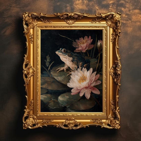 Frog Water Lily Oil Painting Goblincore Dark Academia Art Print Moody Nature Decor Vintage Pond Scene