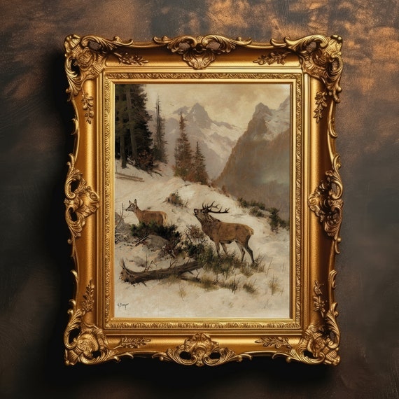 Roe Deer Mountain Winter Landscape Painting Dark Academia Antique Oil Rustic Country